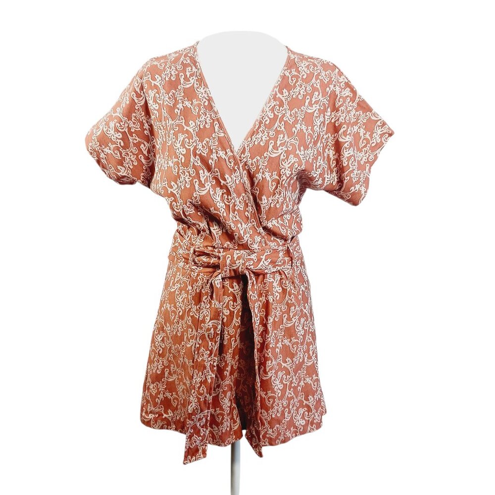 Chocolate U.S.A., Short Romper, Terracotta/Cream Print, Zip Back, Waist Tie SZ L